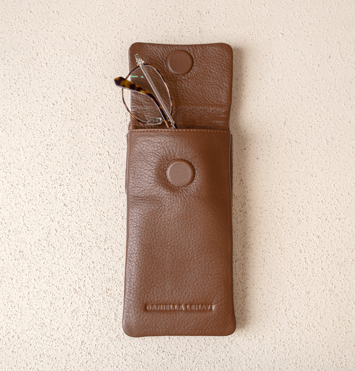 Daniella Lehavi Iris Double Glasses Case in Camel Croco available at Barbara Katz