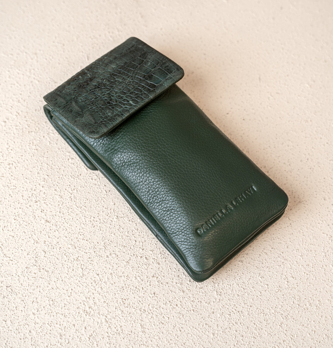 Daniella Lehavi Iris Double Glasses Case in Green Croco available at Barbara Katz