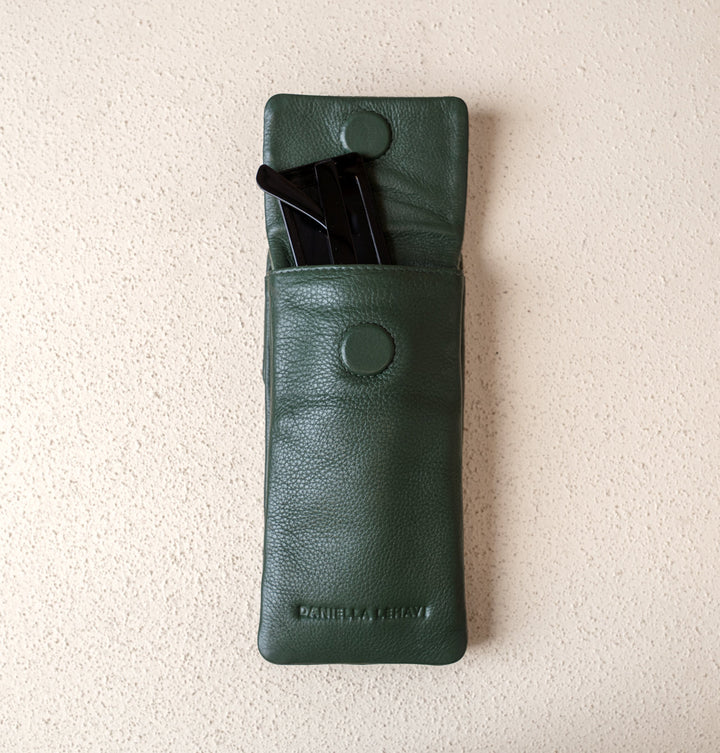 Daniella Lehavi Iris Double Glasses Case in Green Croco available at Barbara Katz
