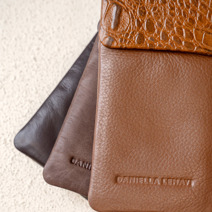 Daniella Lehavi Iris Double Glasses Case in Camel Croco available at Barbara Katz