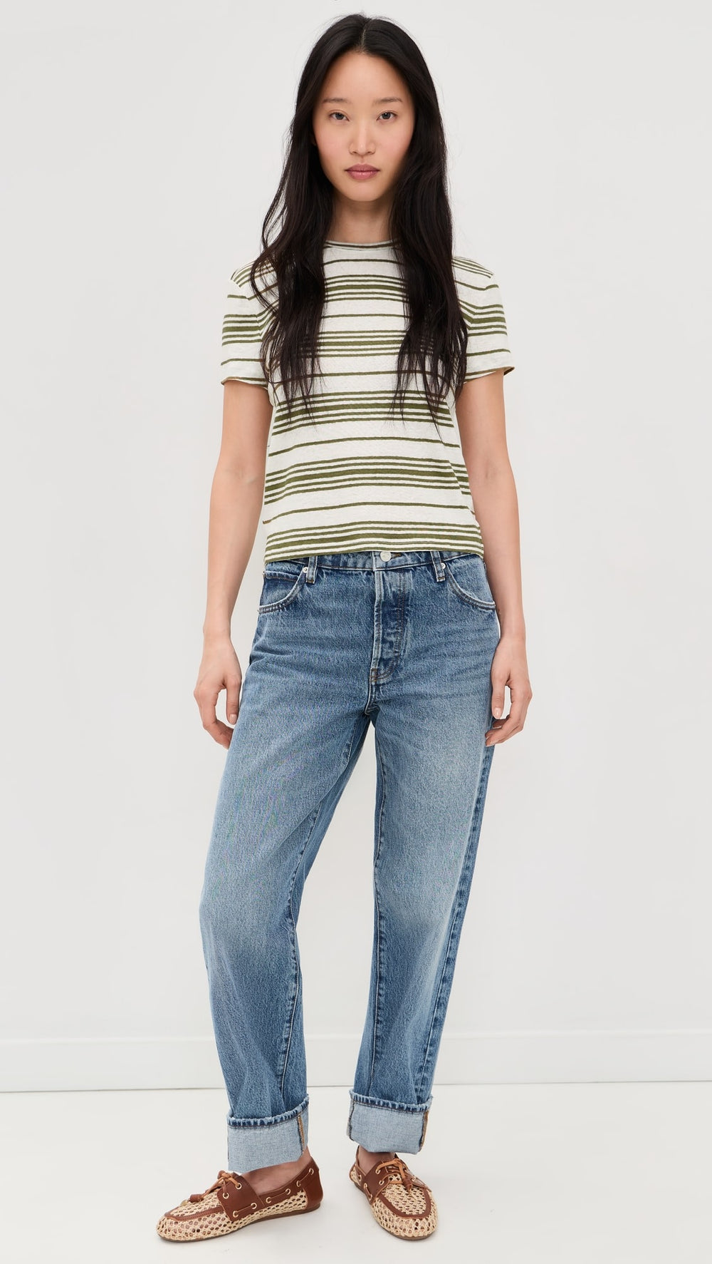 Frame The Ringer Linen Baby Tee in Military Multi available at Barbara Katz