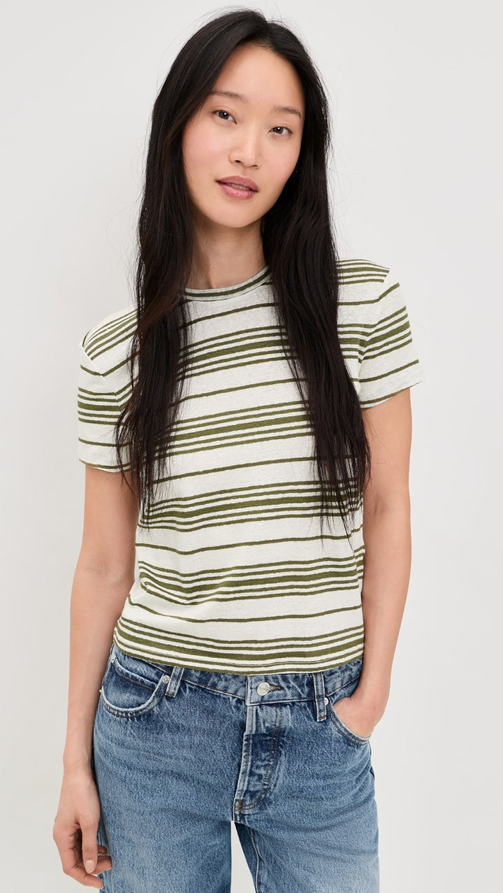 Frame The Ringer Linen Baby Tee in Military Multi available at Barbara Katz