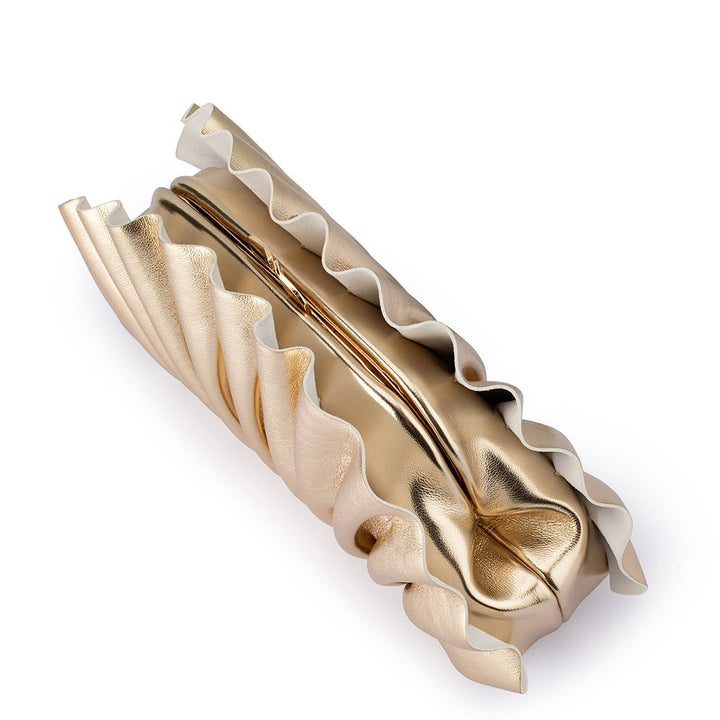 Olga Berg Hollie Pleated Clutch in Gold available at Barbara Katz