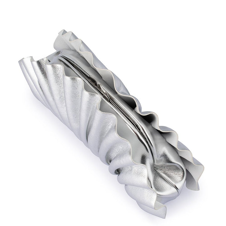 Olga Berg Hollie Pleated Clutch in Silver available at Barbara Katz