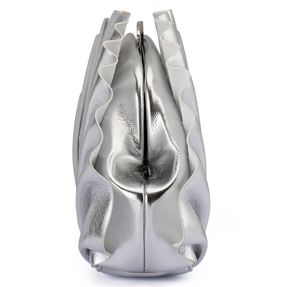 Olga Berg Hollie Pleated Clutch in Silver available at Barbara Katz