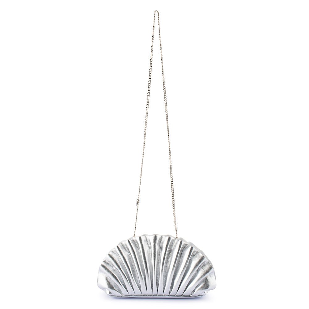 Olga Berg Hollie Pleated Clutch in Silver available at Barbara Katz