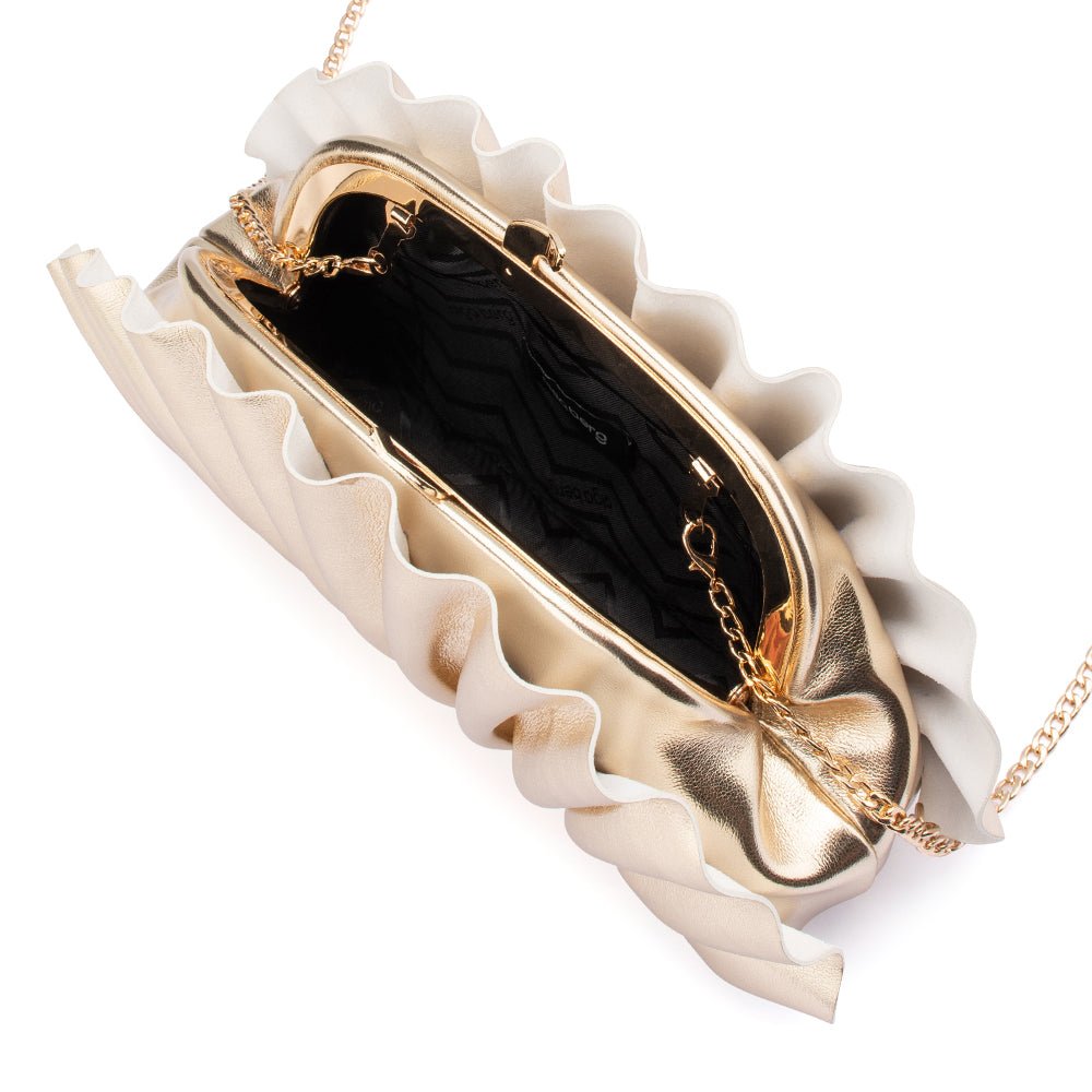 Olga Berg Hollie Pleated Clutch in Gold available at Barbara Katz