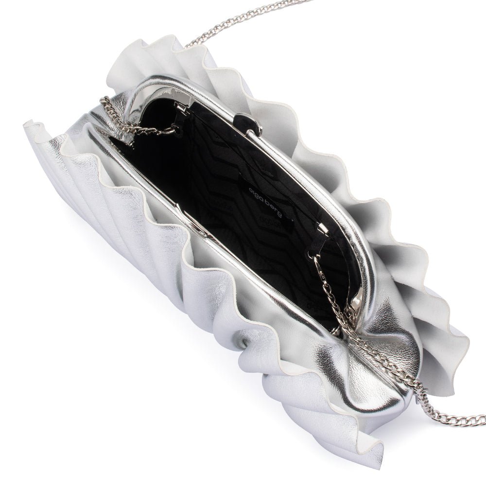 Olga Berg Hollie Pleated Clutch in Silver available at Barbara Katz