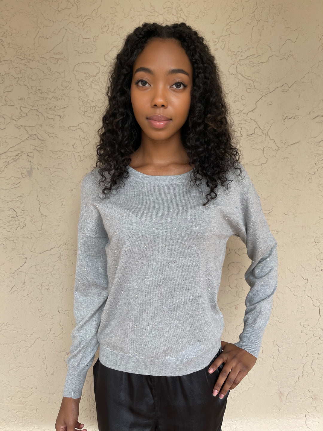 J Society Long Sleeve Rhinestone Sweater - Platinum