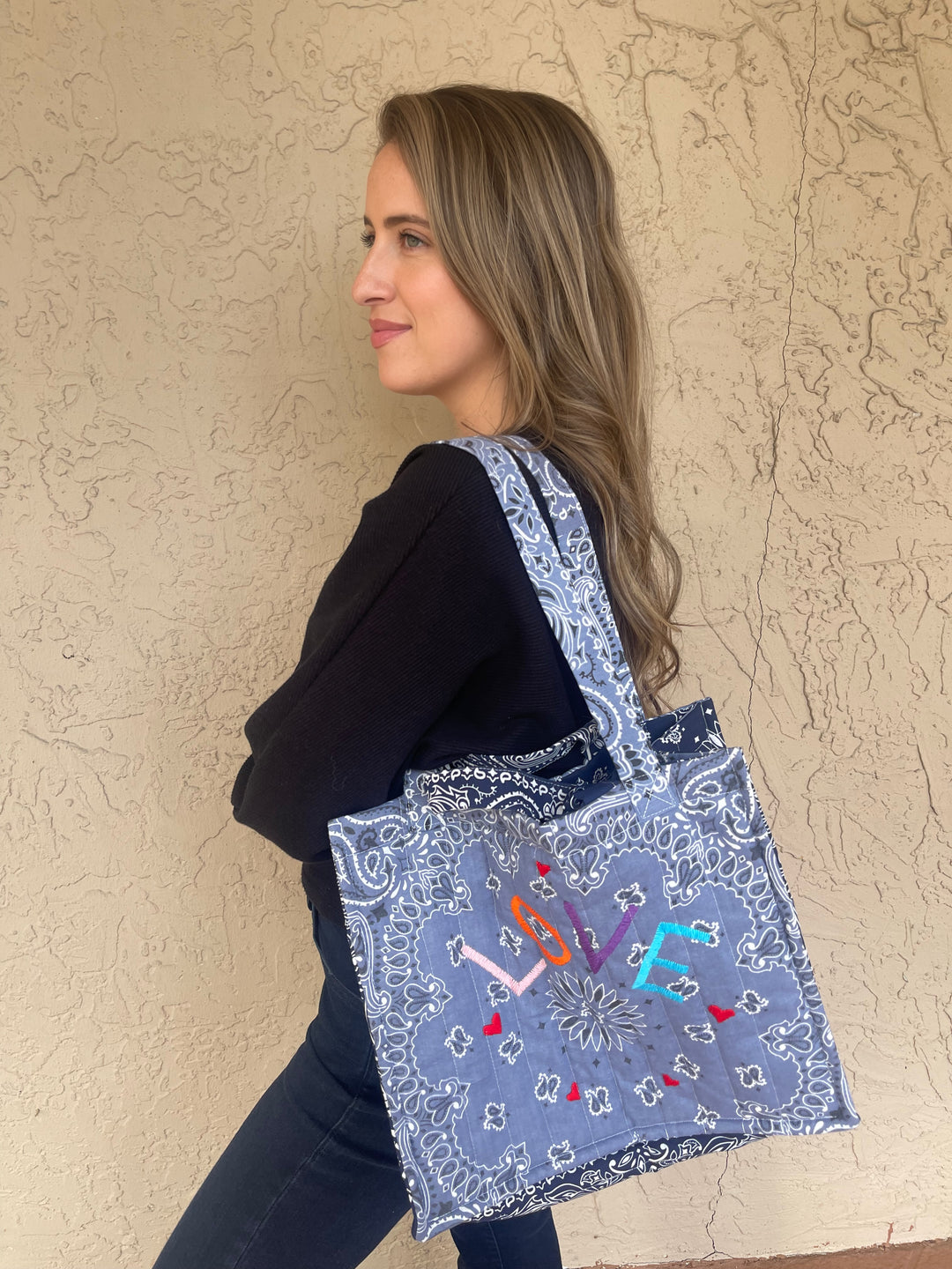Call it By your Name Quilted Medium Cabas Tote - Love - Chambray / Navy