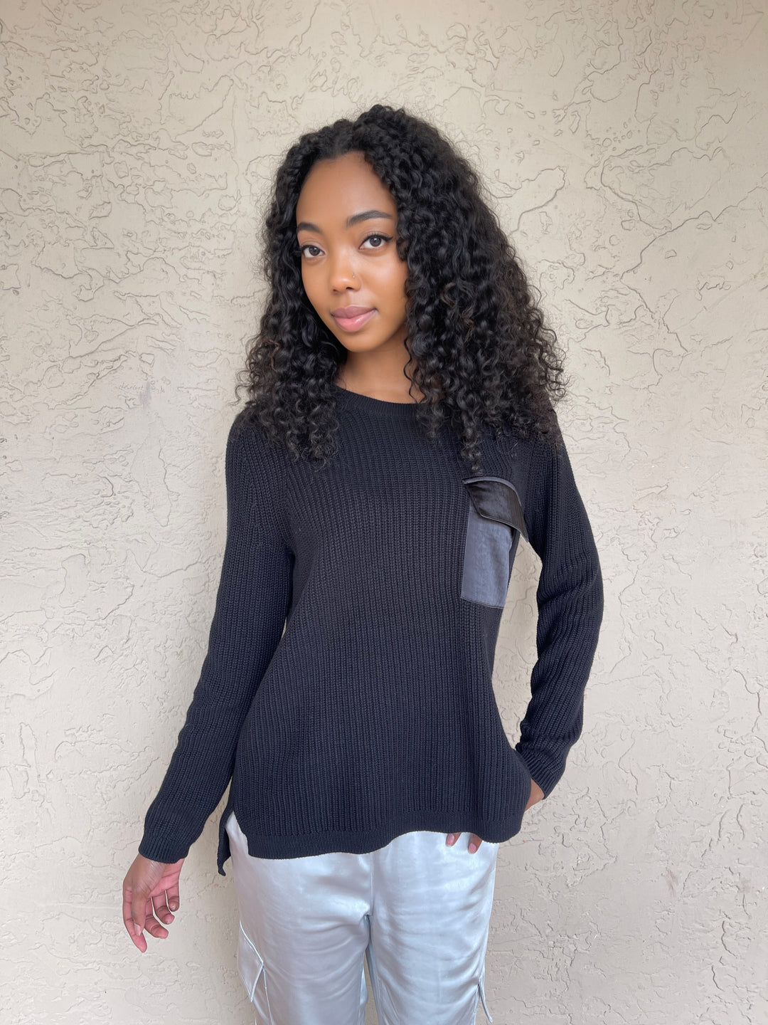 J Society Long Sleeve Satin Pocket Crew - Black