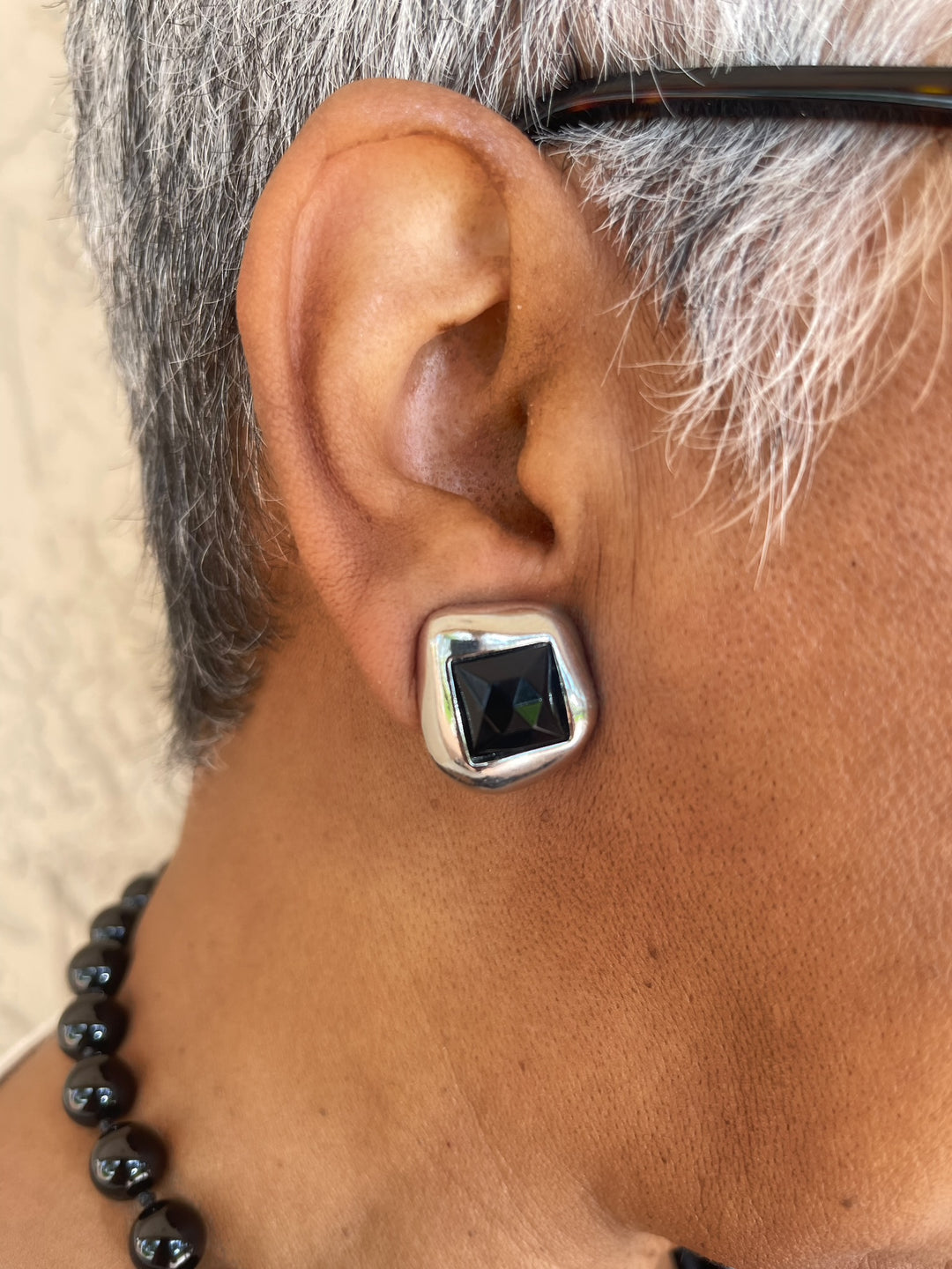 Ben Amun - Rectangular Earring with Black Stone - Clip on