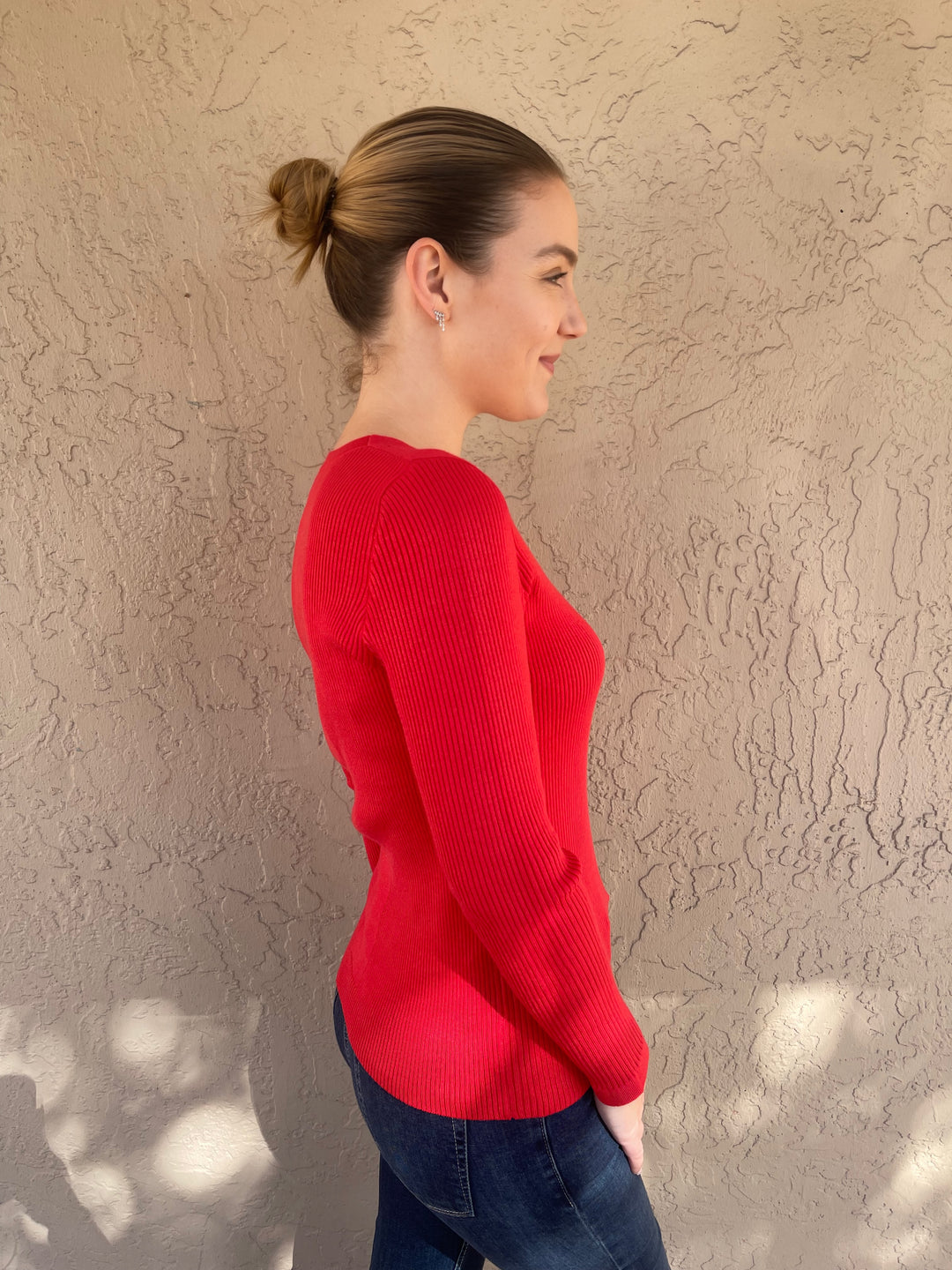 V-Neck Rib Sweater - Red