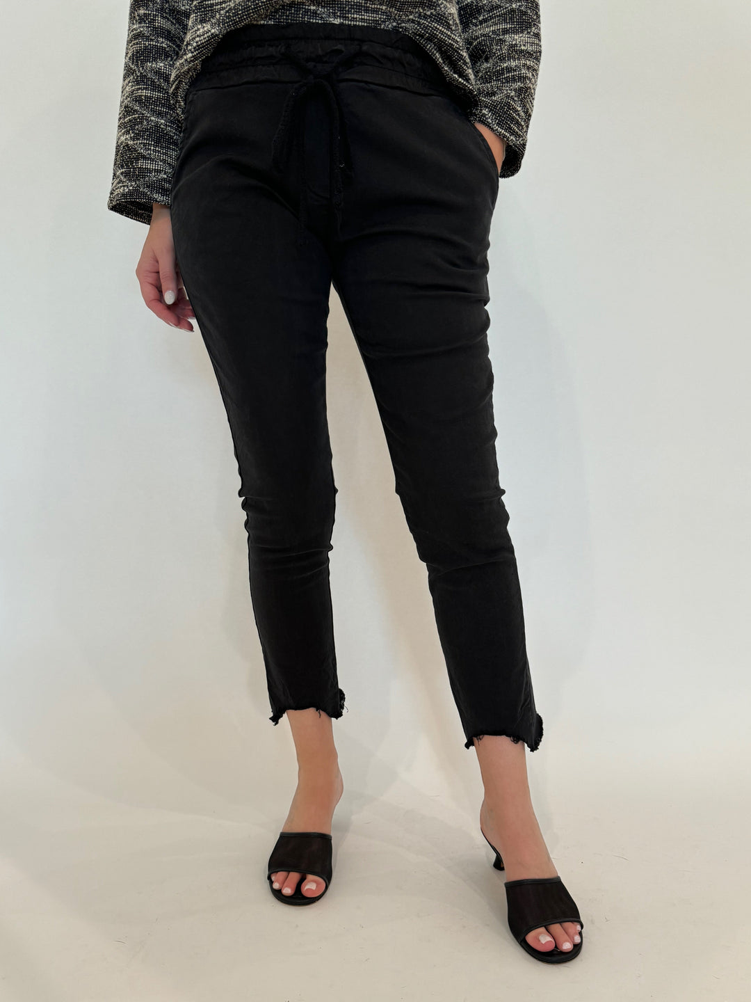 BK Kylie Distressed Fringe Hem Crinkle Jogger in Black available at Barbara Katz
