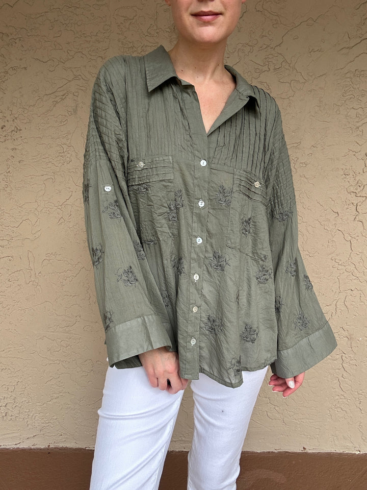 Embroidered Button Down Shirt in Sage