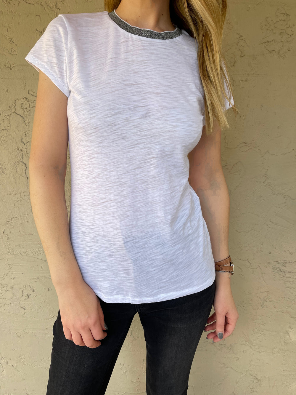 Goldie Metallic Trim Tee - White