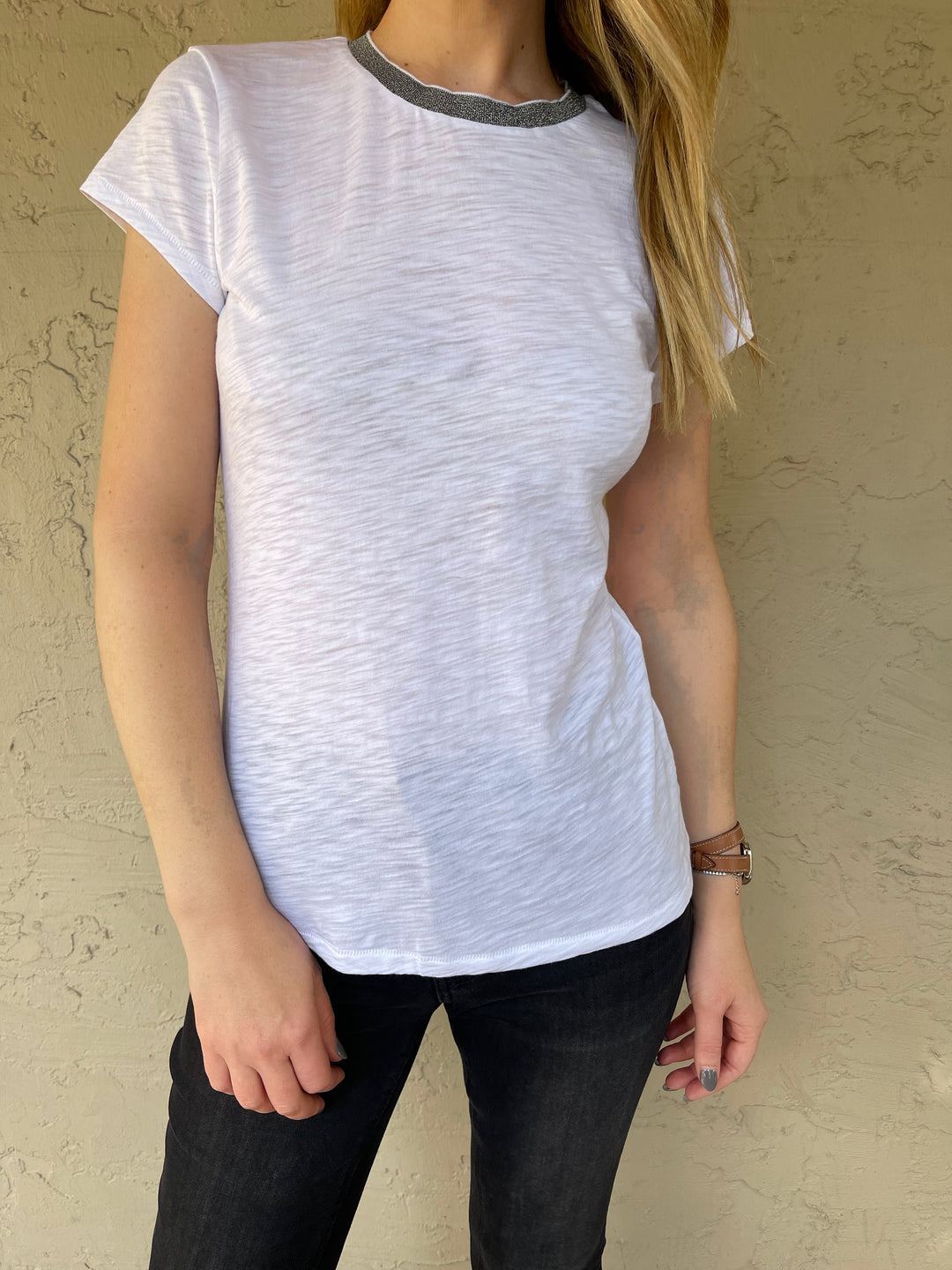 Goldie Metallic Trim Tee - White