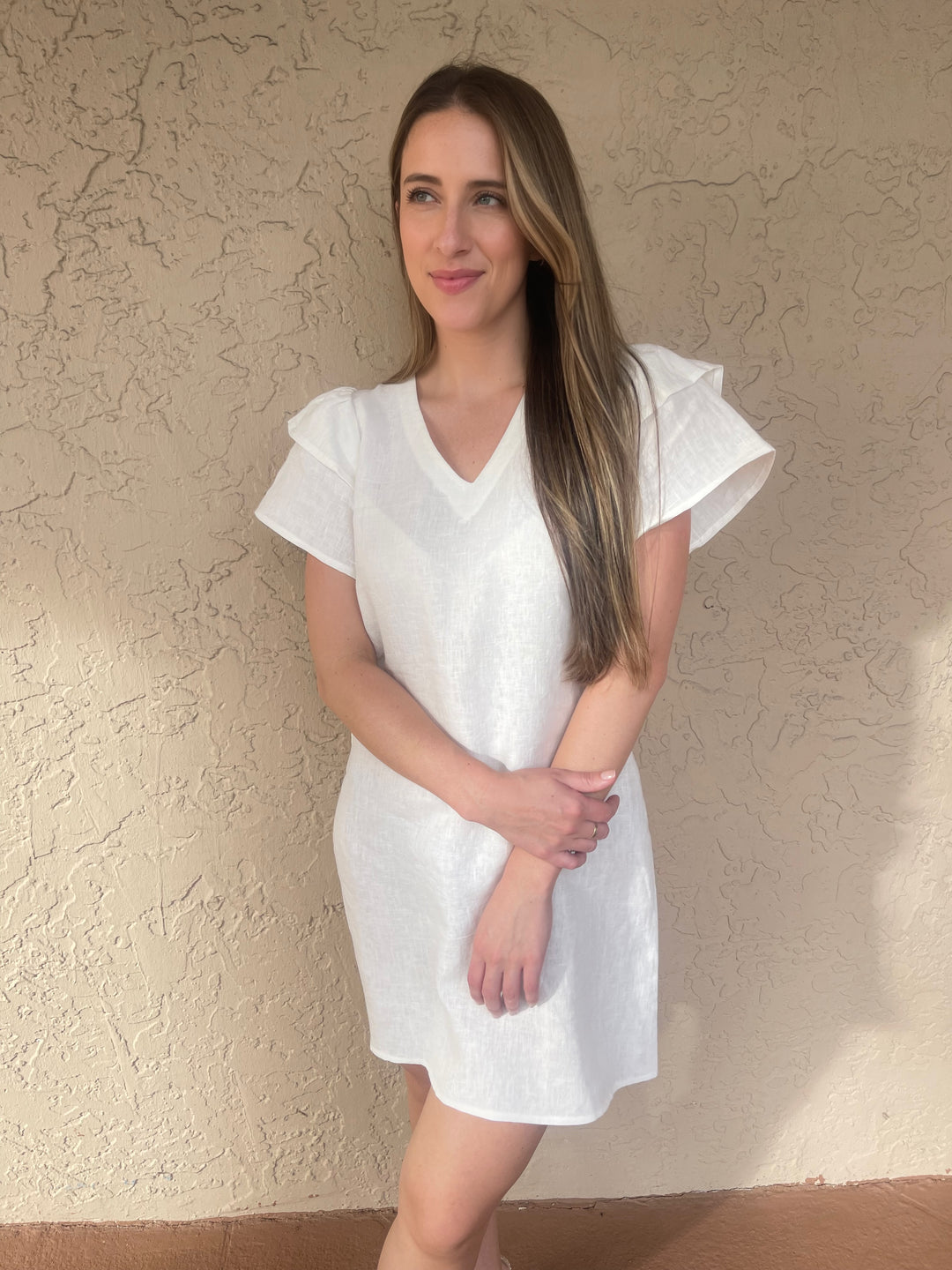 Linen Flutter Sleeve Dress - White