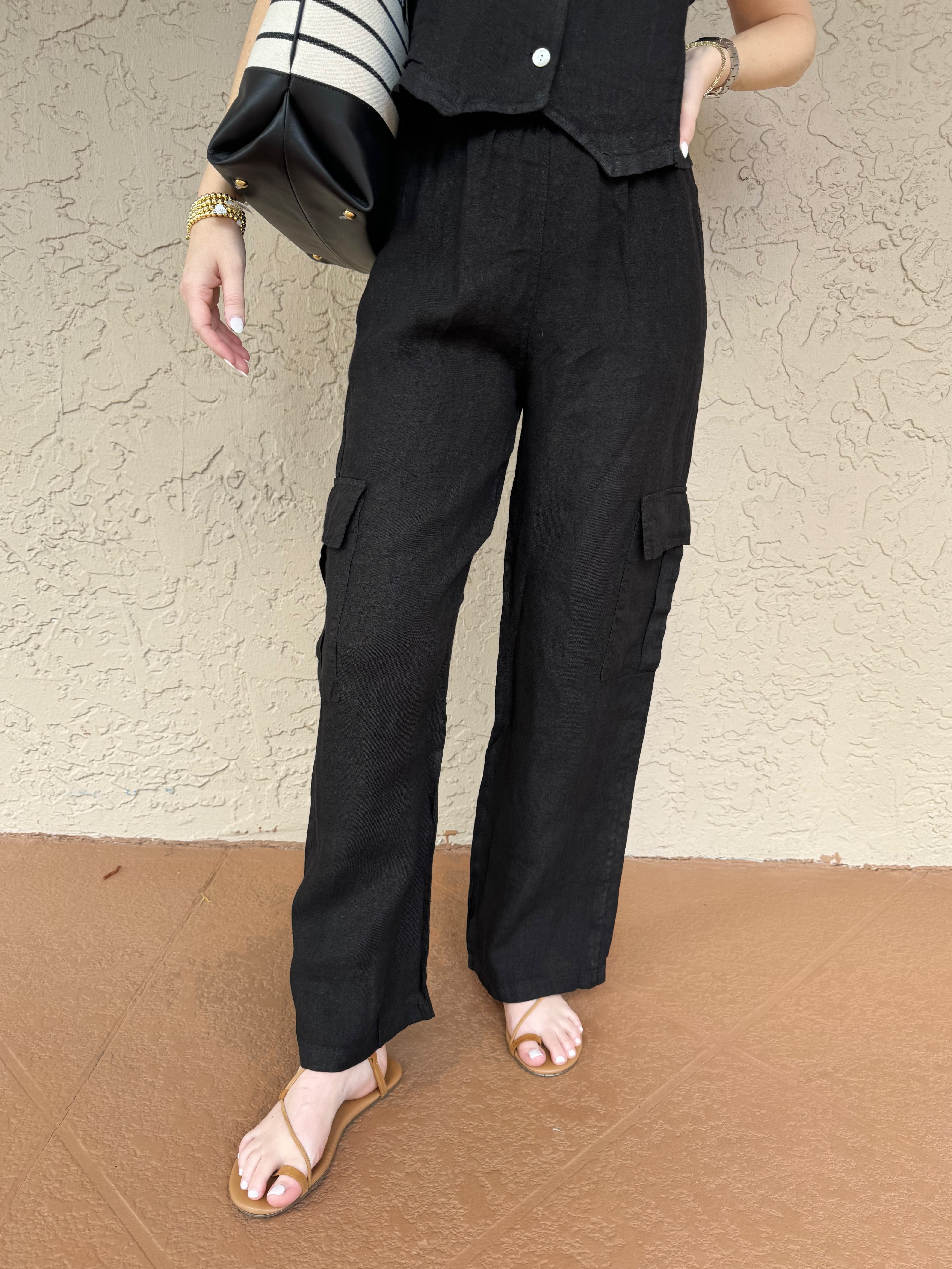 Black linen cargo pants sales