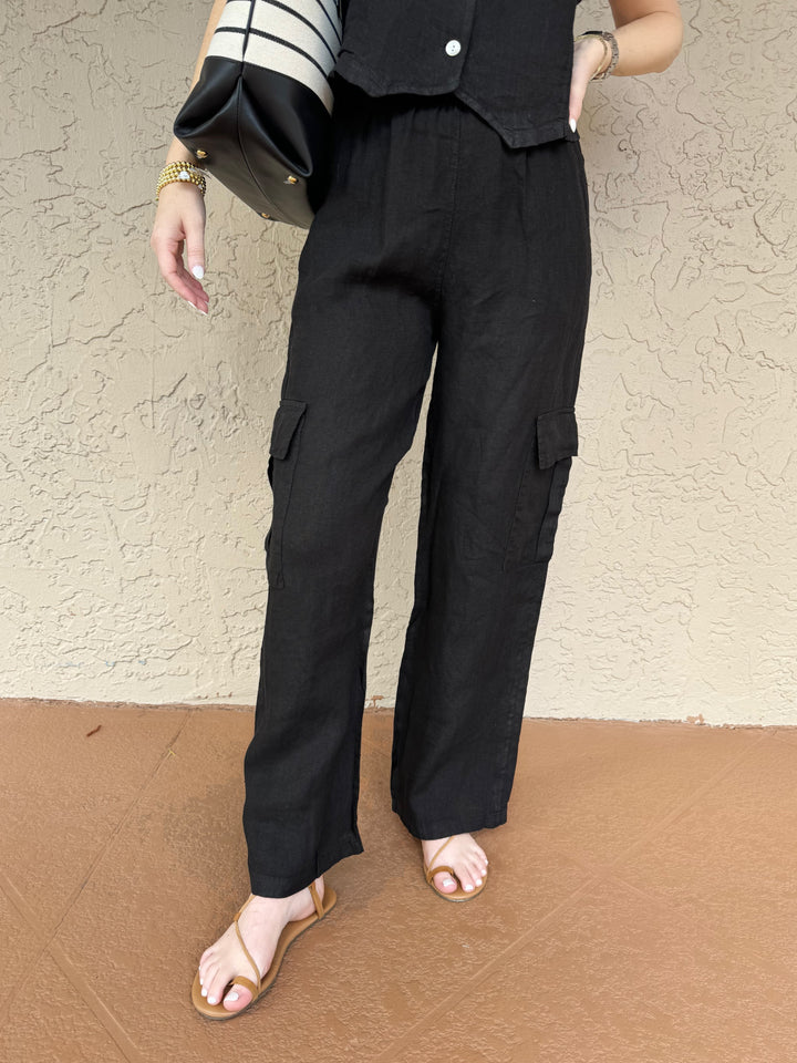 Barbara Katz Midnight Rain Linen Cargo Pants - Black