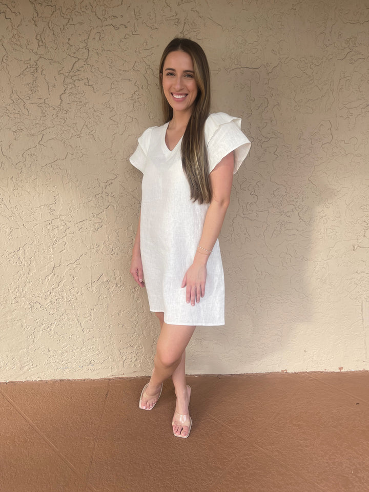 Linen Flutter Sleeve Dress - White