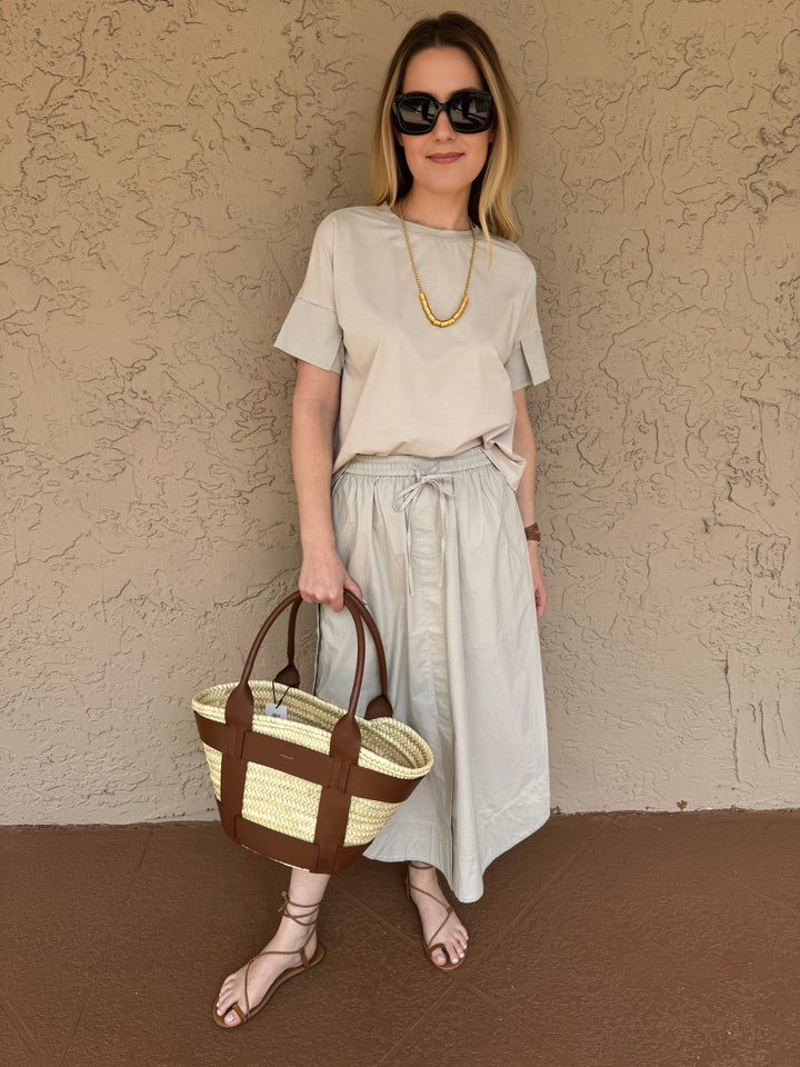 Elliott Lauren Poplin Side Button Skirt & Short Sleeve Combo Tee in Putty