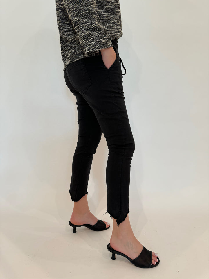 BK Kylie Distressed Fringe Hem Crinkle Jogger in Black available at BarbaraKatz.com