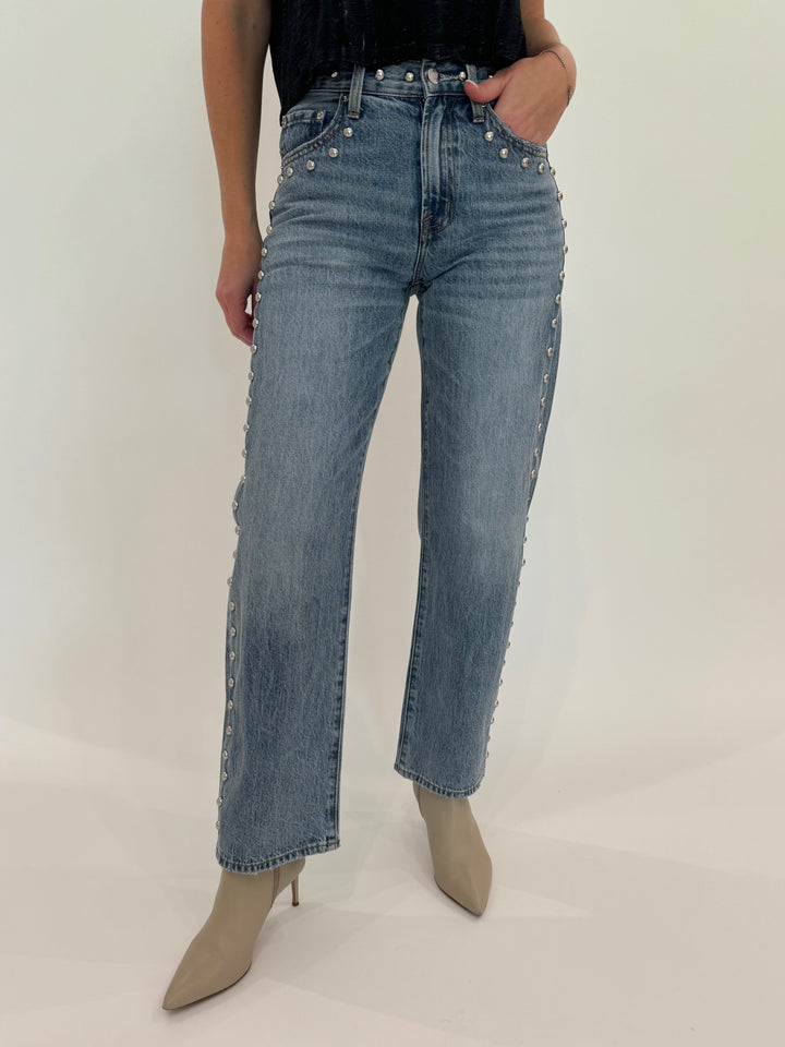 Pistola Lexi Mid Rise Bowed Straight Jeans in Satellite available at Barbara Katz