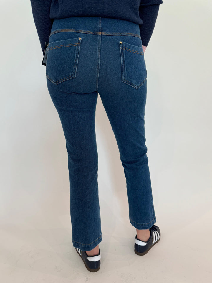 Lysse Ankle Denim Baby Bootcut Pants in Midwash Blue available at Barbara Katz
