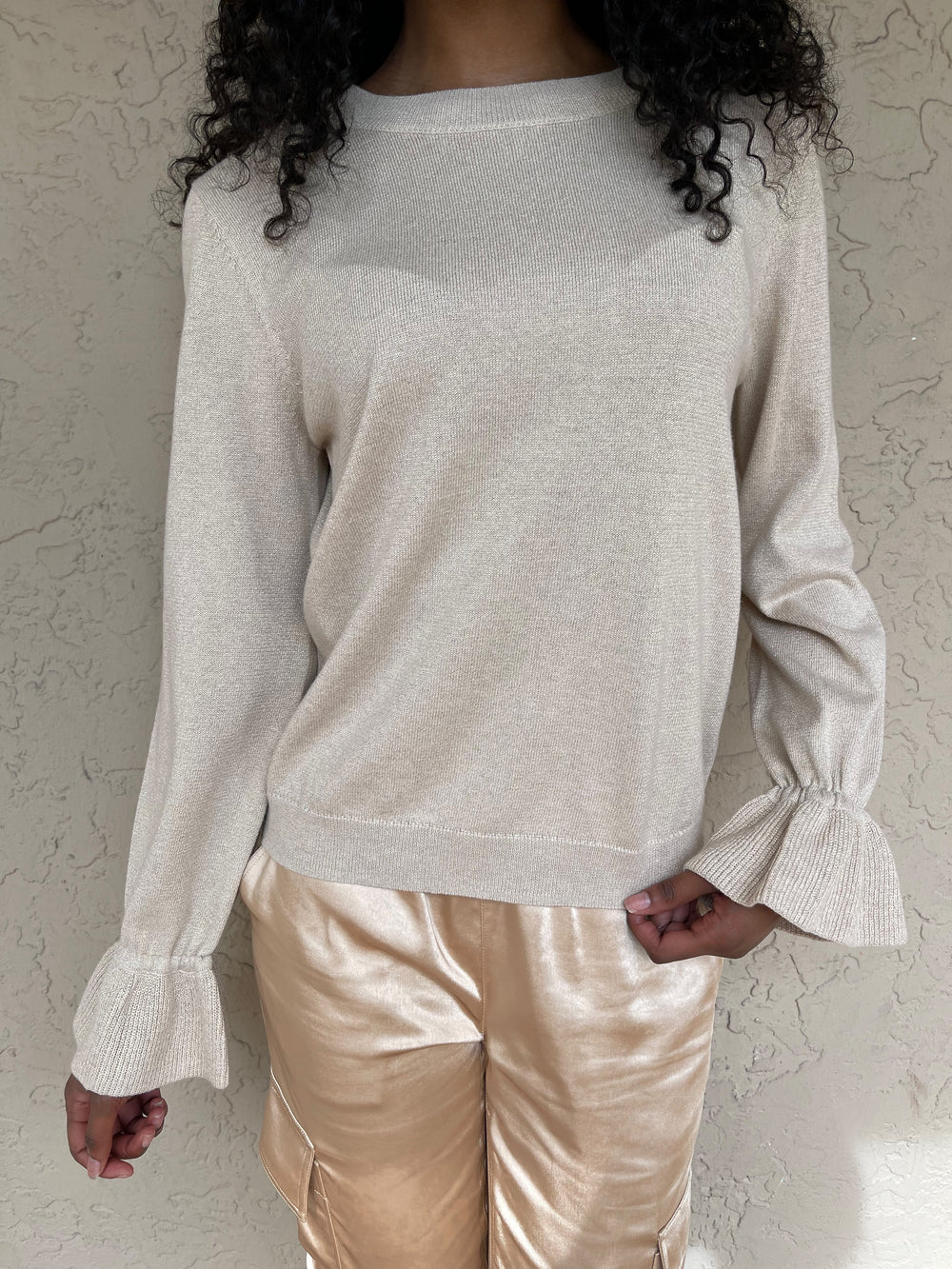 J Society Ruffle Sleeve Lurex Crew  - Gold