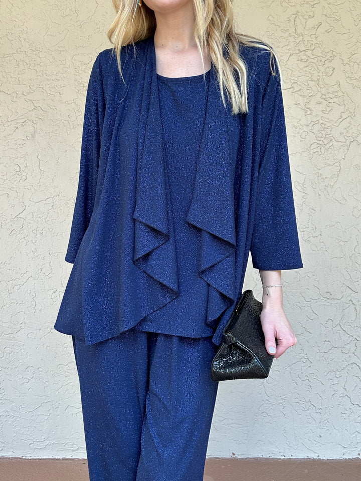 Caroline Rose Sparkle Knit Cascade Cardigan - Navy