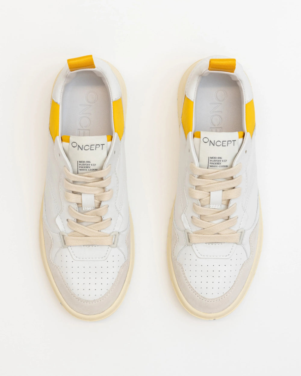 Oncept - Phoenix in White Cloud features a luxe colorway, organic cotton laces, butter leather and re-speckled soles. A modern mix on old school '90's style. 