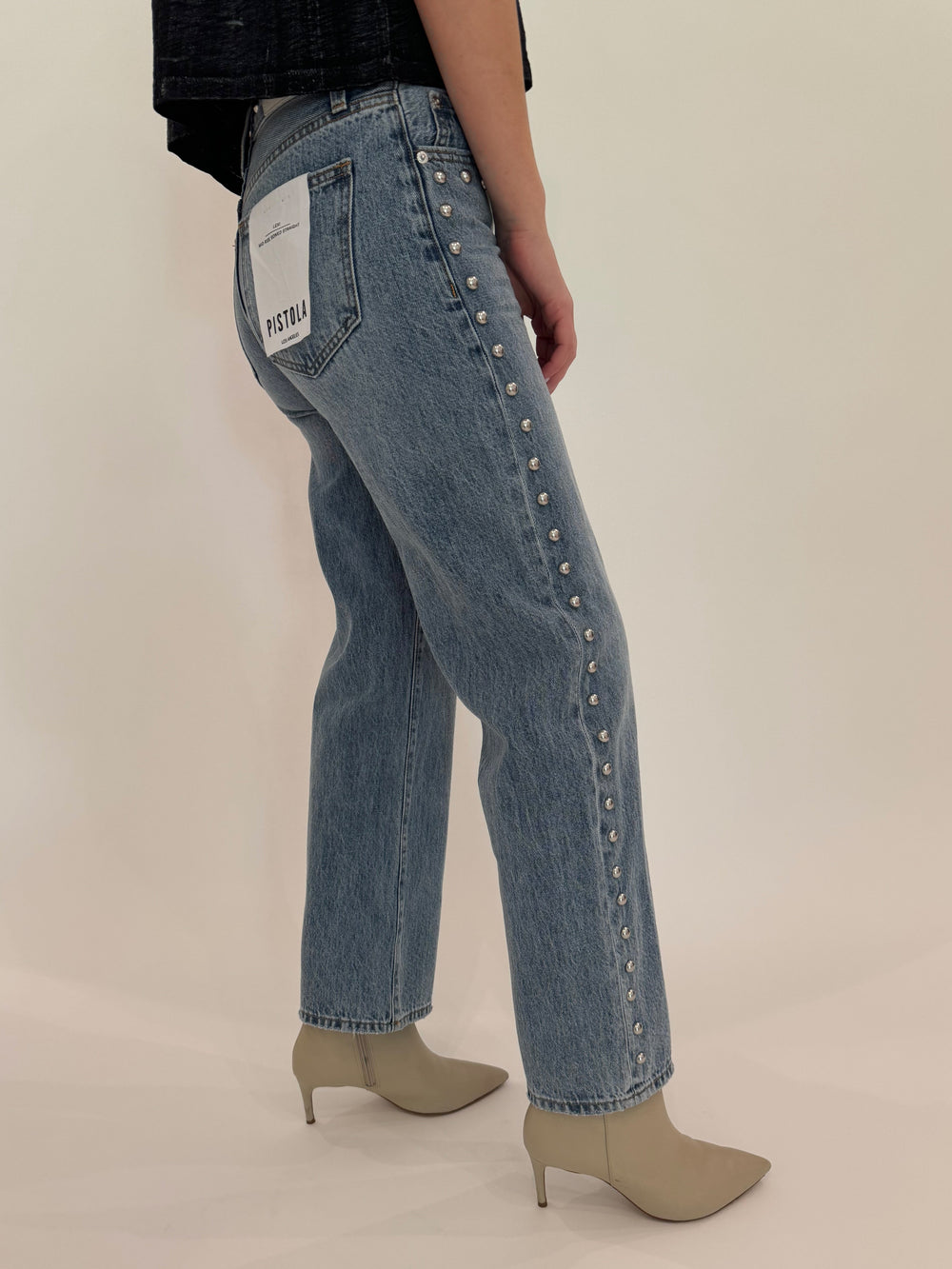 Pistola Lexi Mid Rise Bowed Straight Denim Pants in Satellite available at Barbara Katz