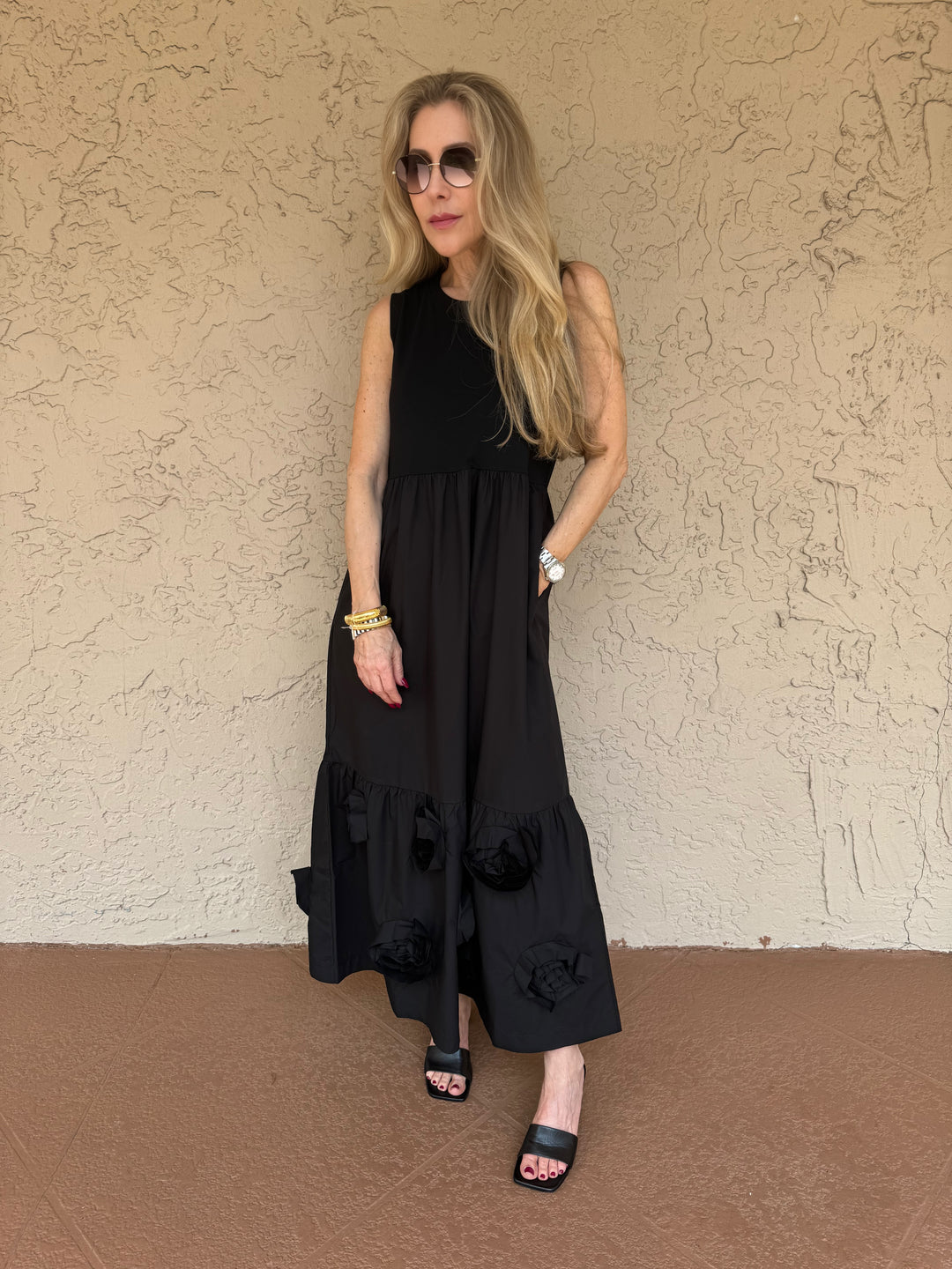 Elliott Lauren Knit Woven Combo Tiered Dress with Rosette