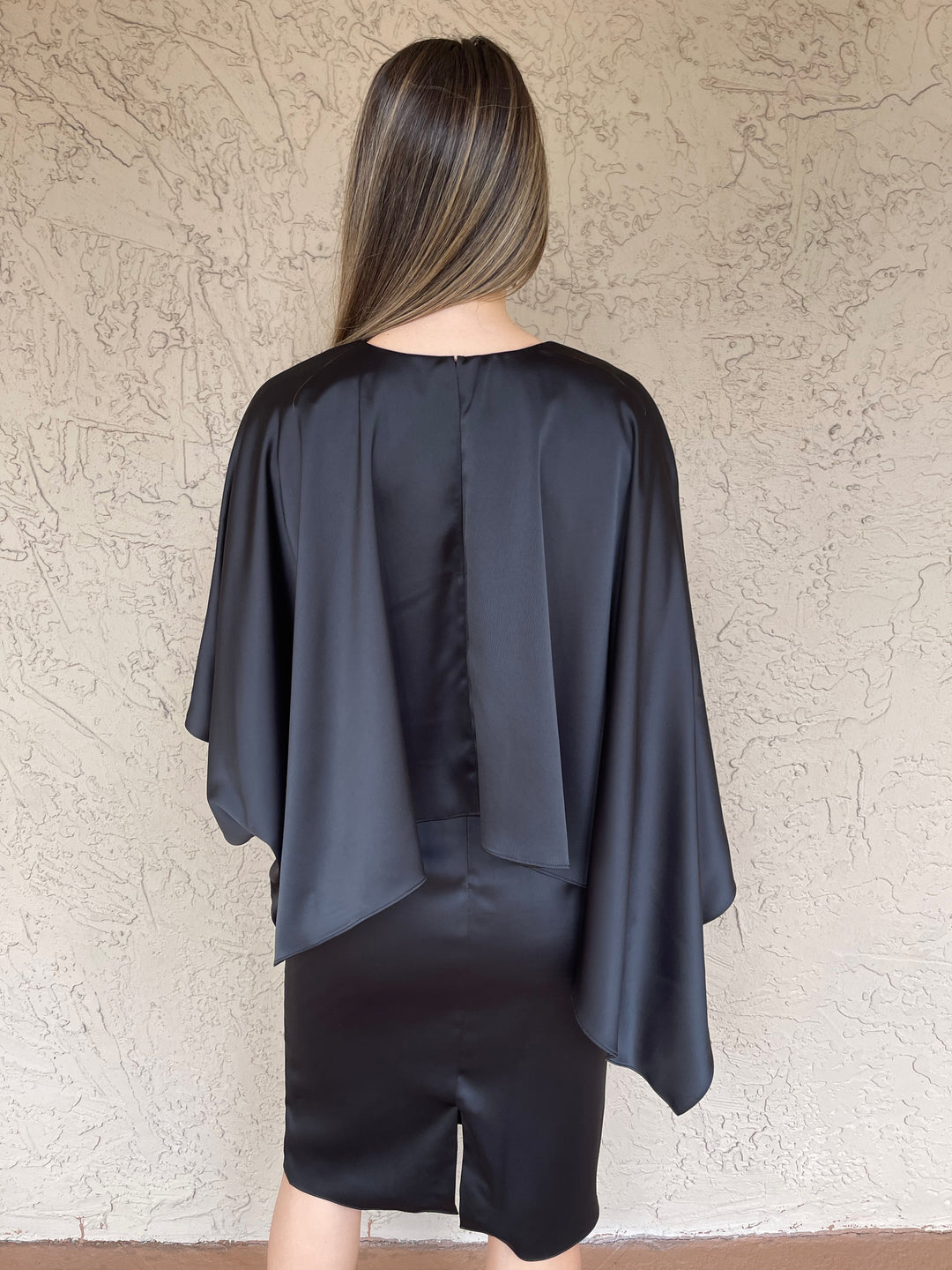 Satin Caplet Cocktail Dress - Black