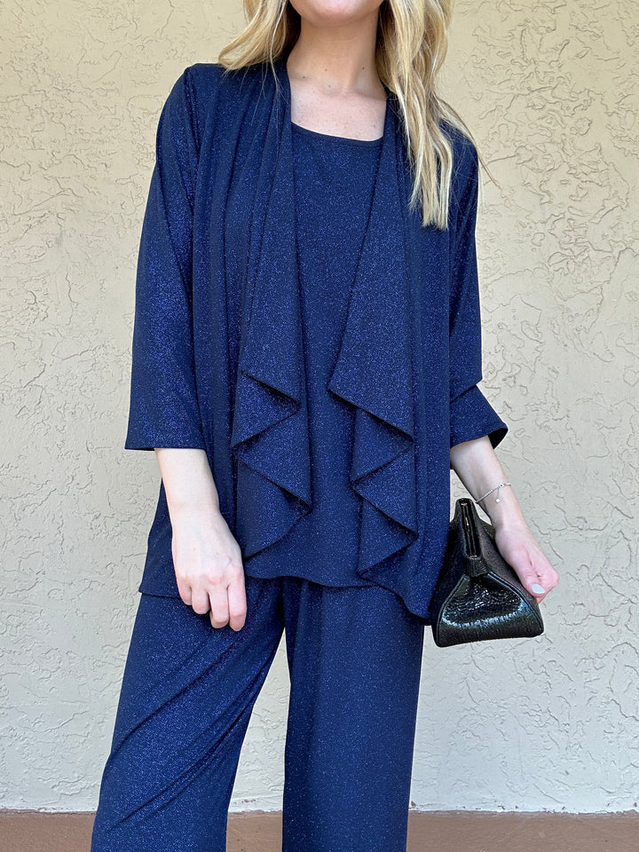 Caroline Rose Sparkle Knit Cascade Cardigan - Navy