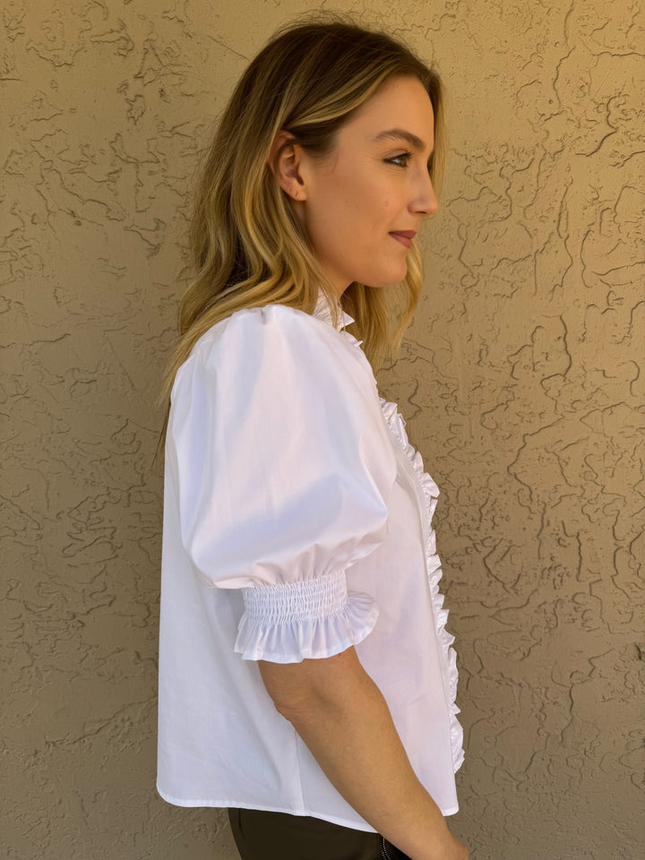 Finley Cici Shirred Shirt With Short Puffed Sleeves - White