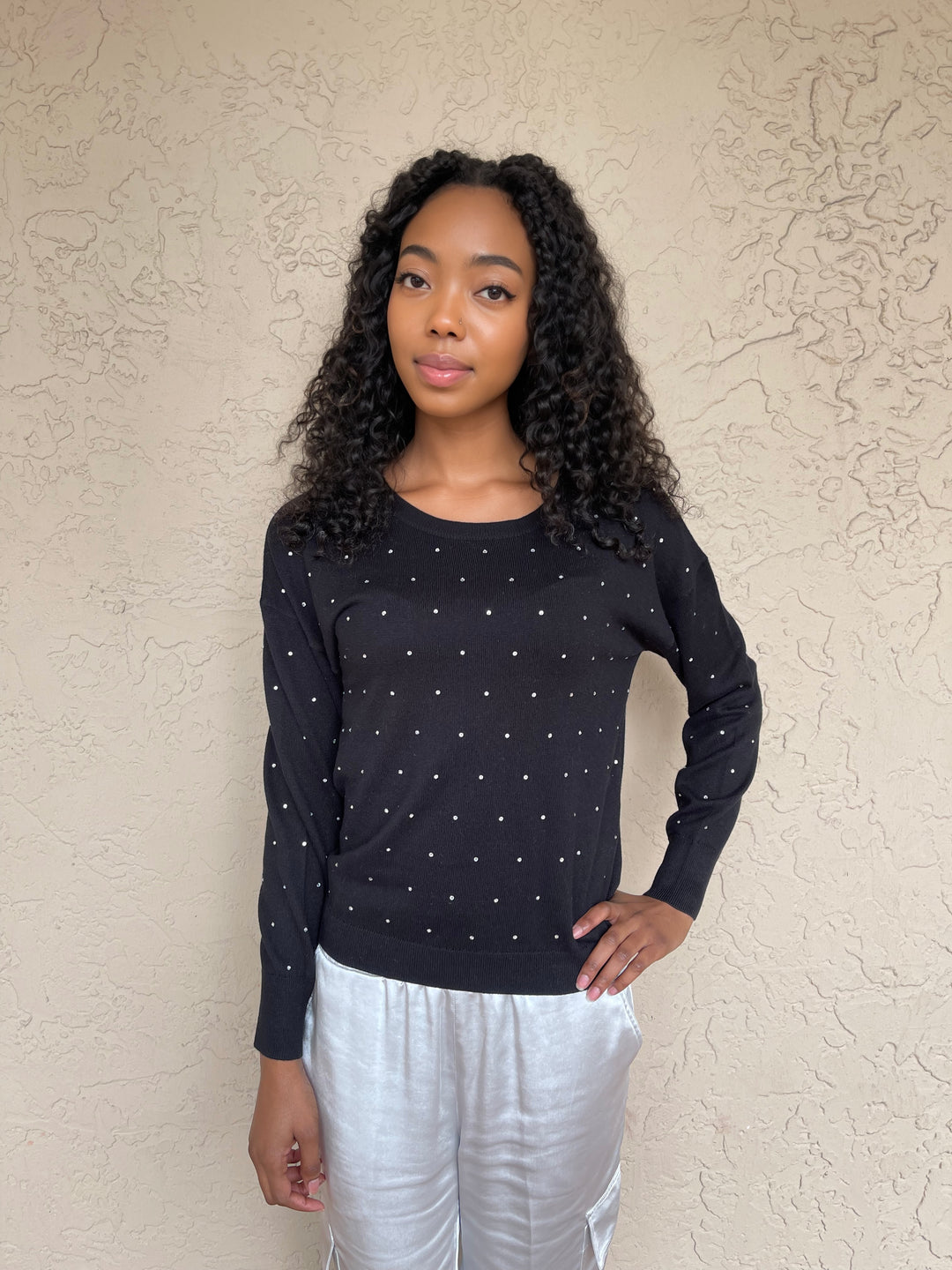 J Society Long Sleeve Rhinestone Sweater - Black