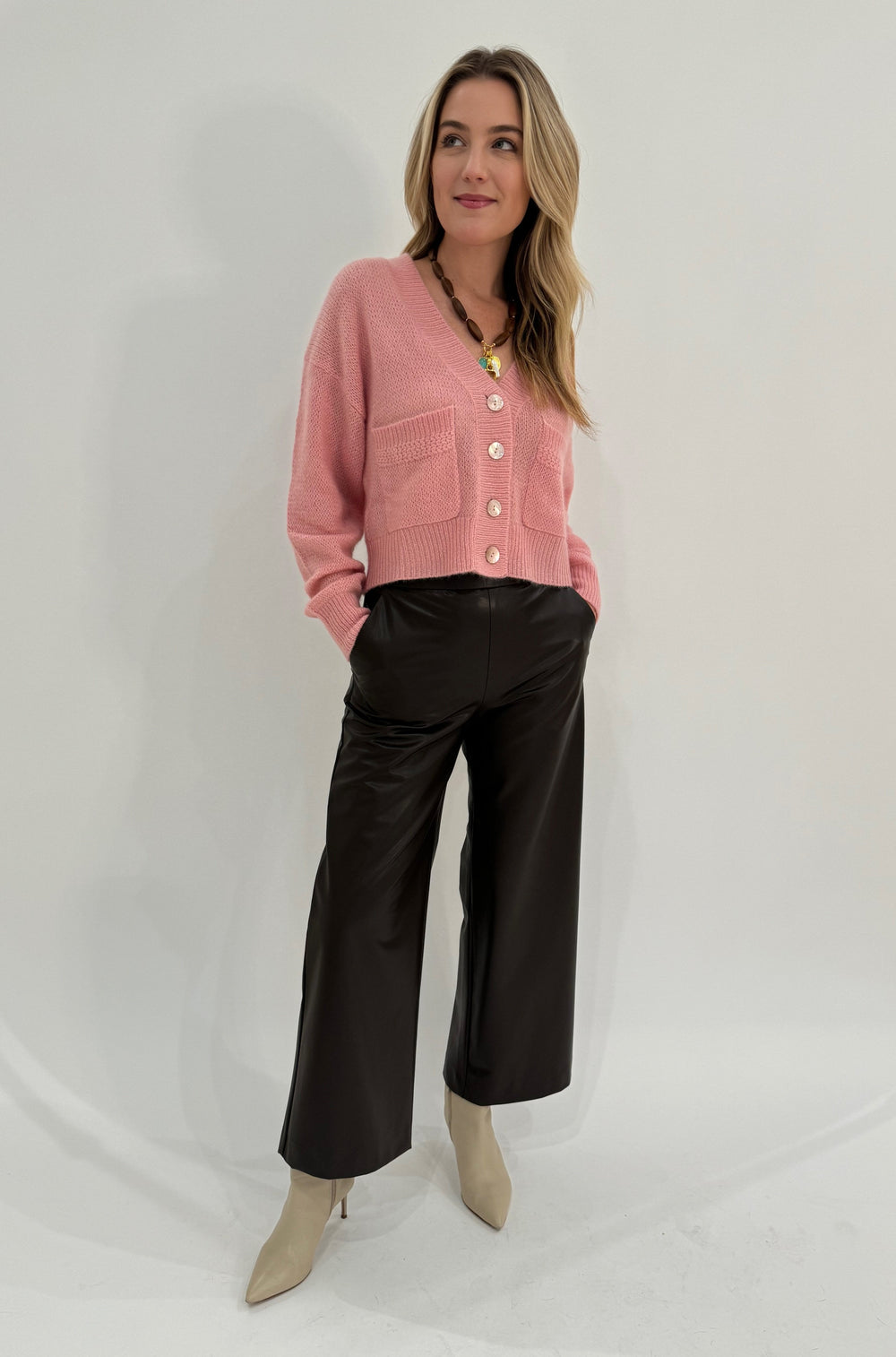 Raffaello Rossi Palina 6/8 Pants in Tabak paired with Colorush Amara Lolas Cropped Bomber Cardigan in Tea Rose available at Barbara Katz