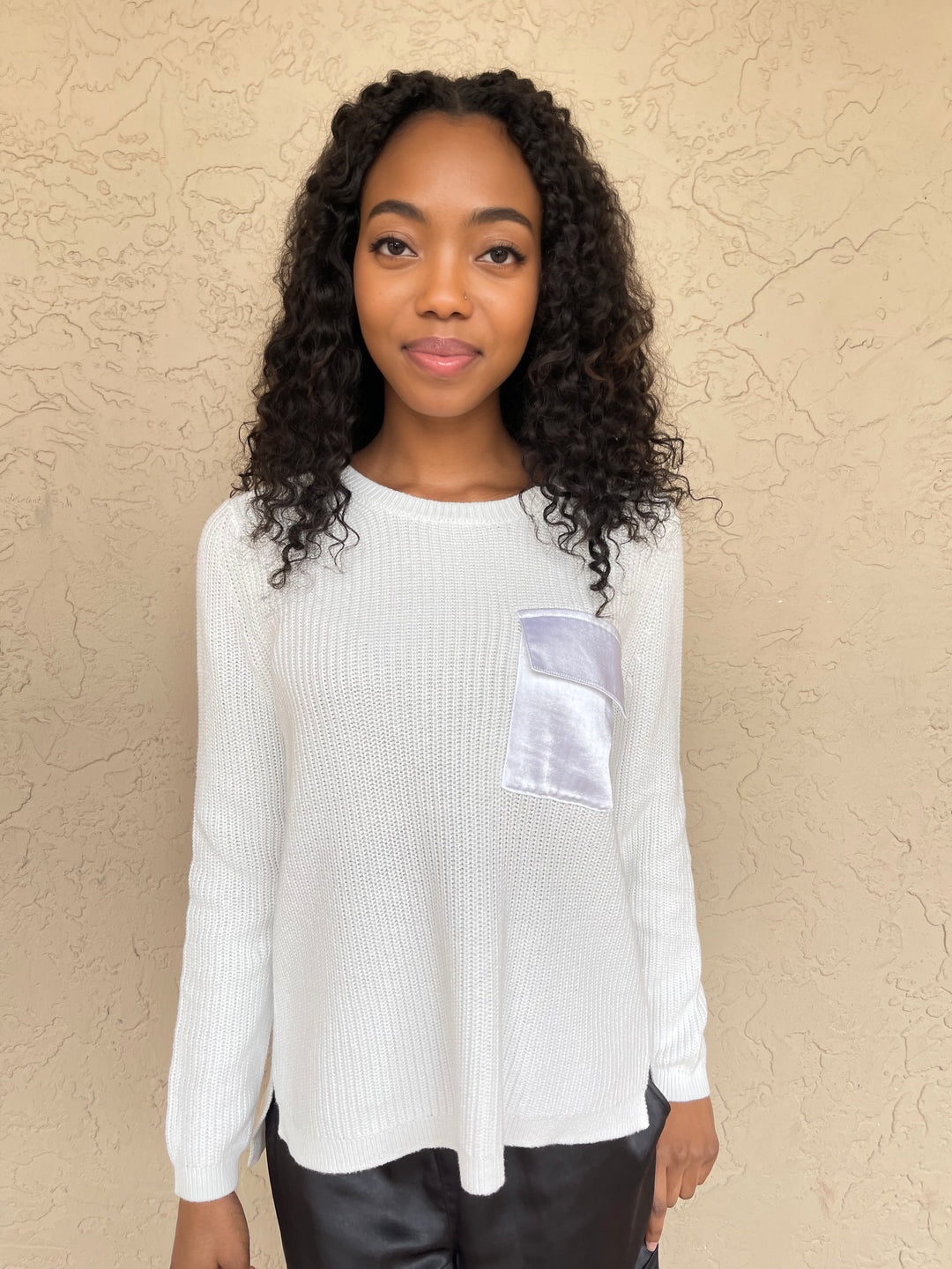 J Society Long Sleeve Satin Pocket Crew - White
