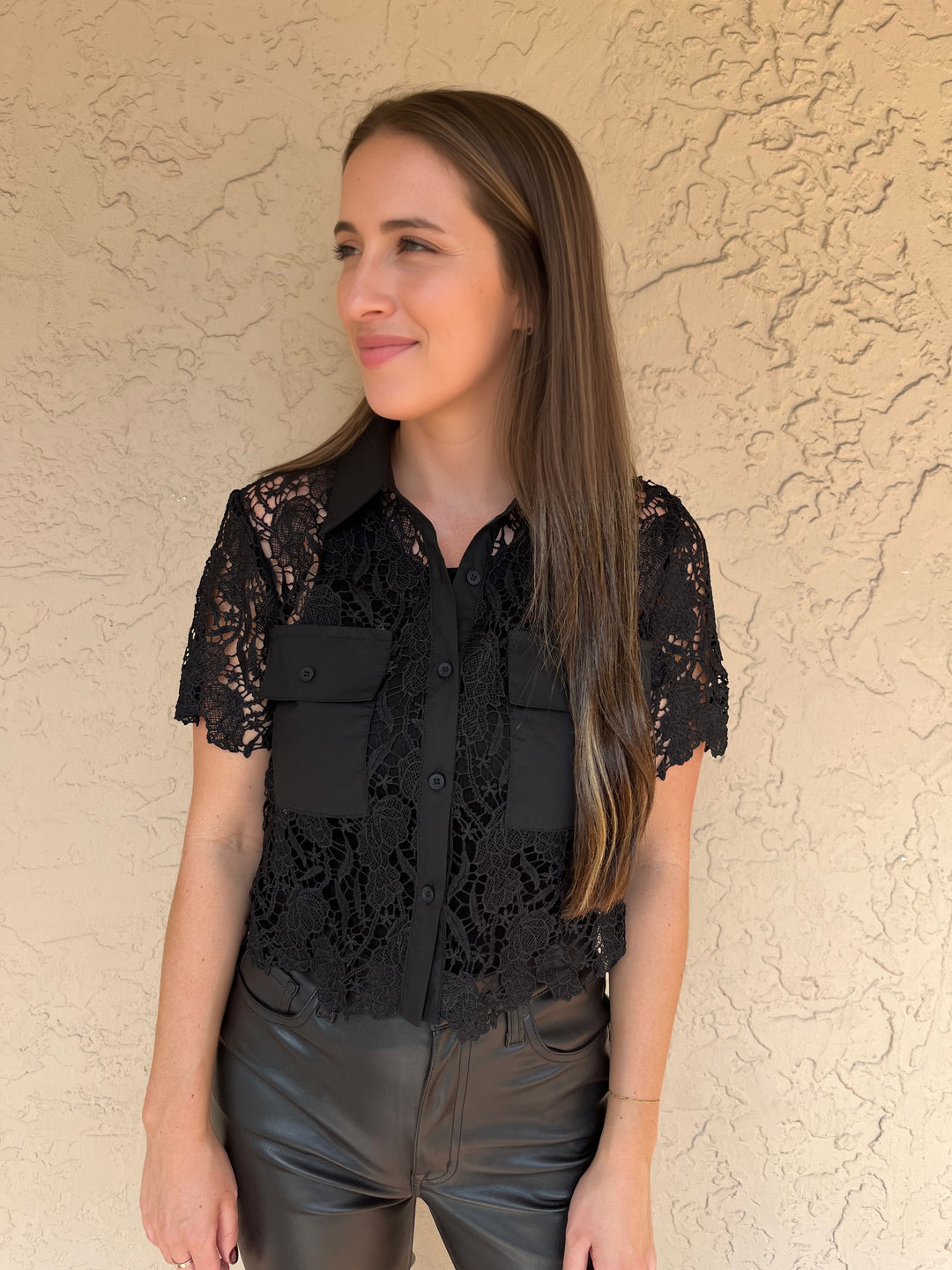 Contrast Lace Button Down Shirt - Black