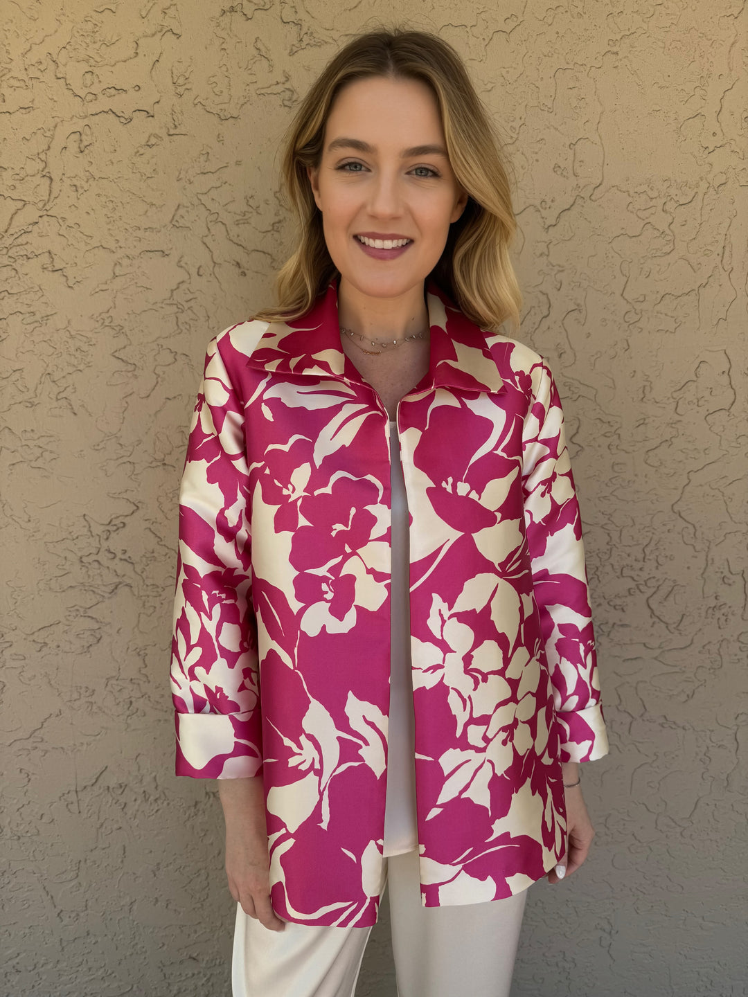 Caroline Rose Floral Print A-Line Jacket - Pink/Ivory