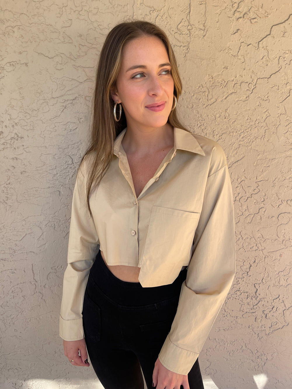 Cut Edge Cropped Pocket Shirt - Khaki