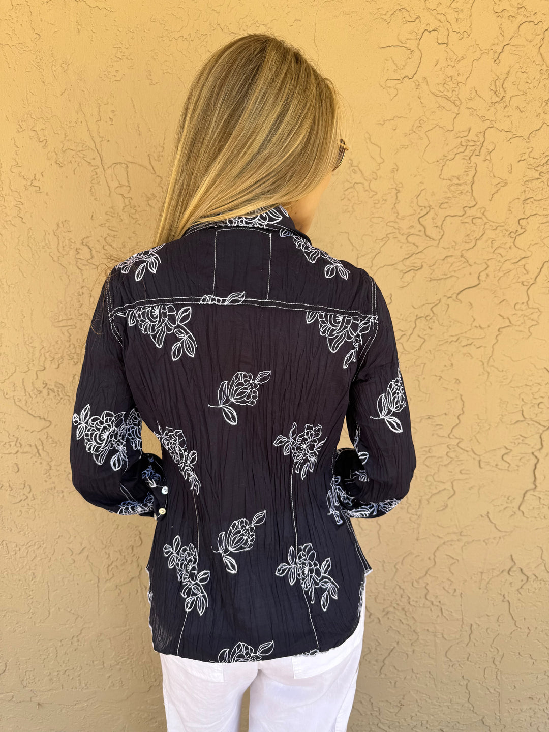 Cino Hibiscus Embroidered Crinkle Long Sleeve  Shirt - Midnite