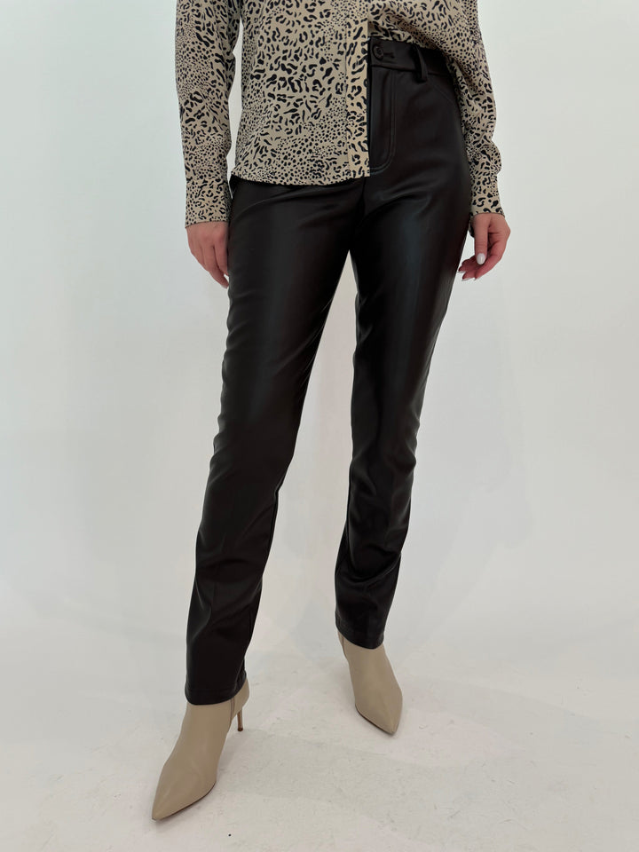 Peace of Cloth Jilian Faux Leather Slim Jeans in Brown available at Barbara Katz
