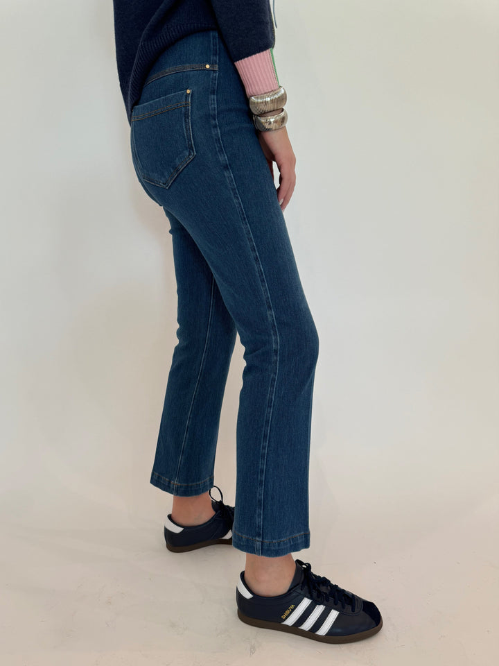 Lysse Ankle Denim Baby Bootcut Pants in Midwash Blue Denim available at Barbara Katz