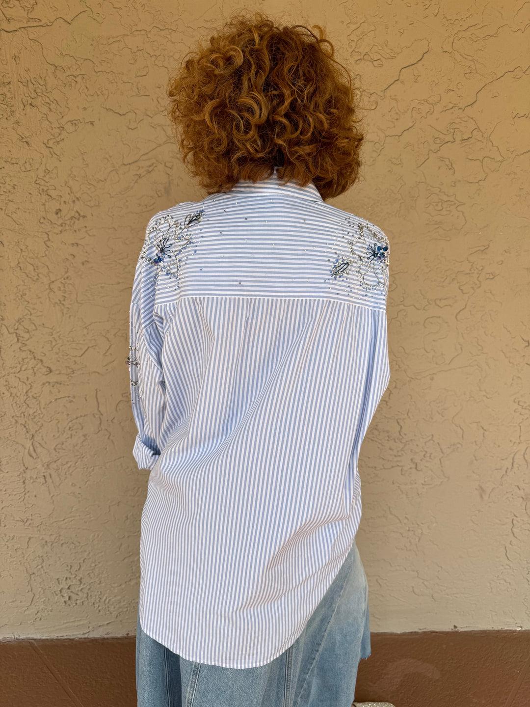 Essentiel Antwerp Ferret Blue & White Stripe Shirt With Embellishments - Back View