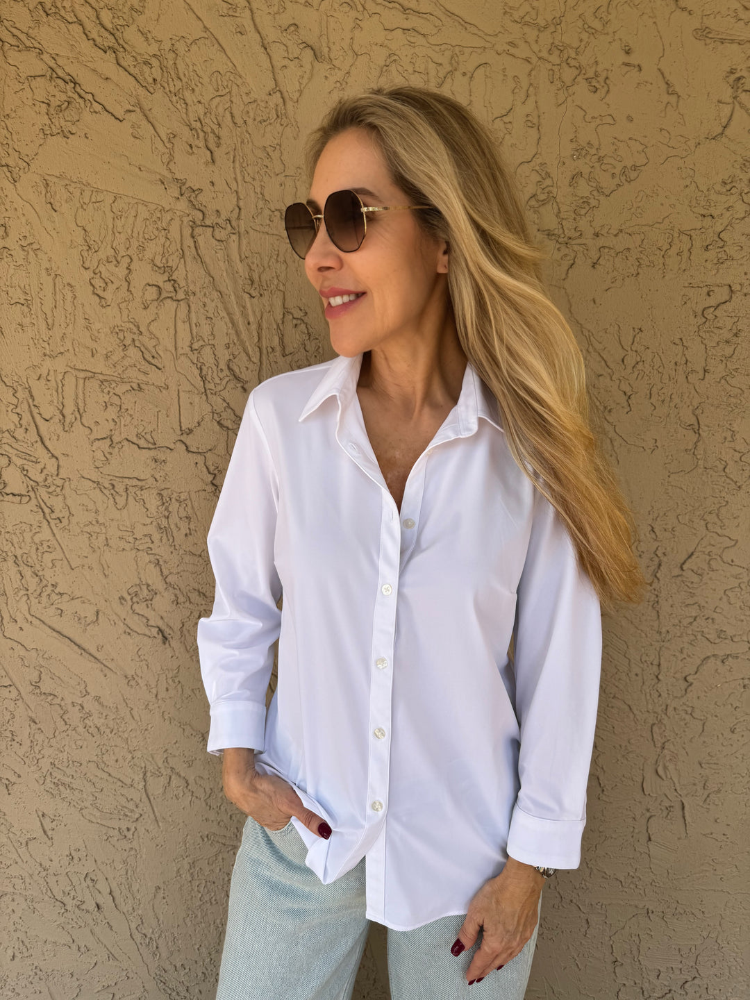 Ameliora Diane 3/4 Sleeve Shirt in White - Front View