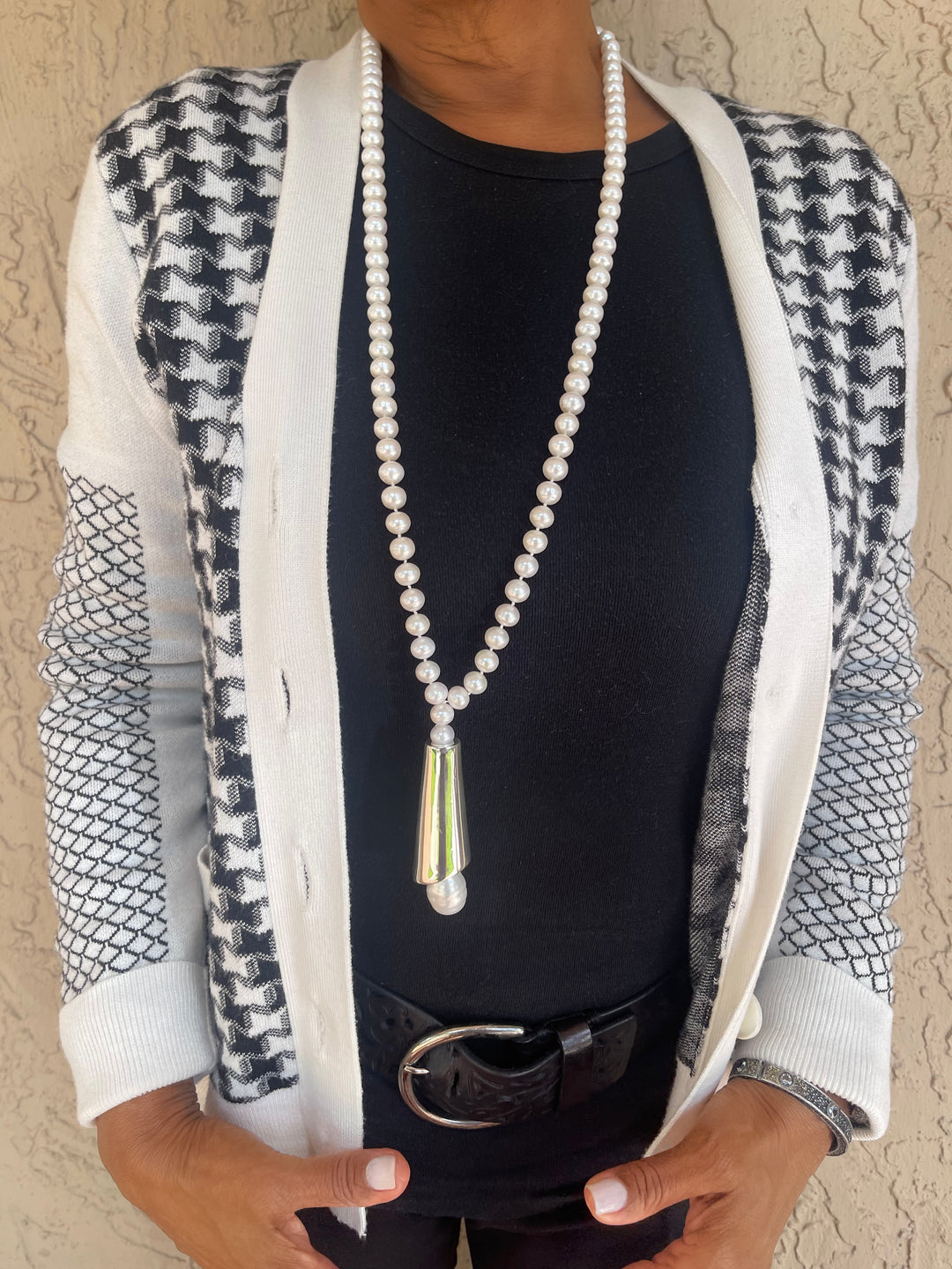 Simon Seeboug - Long Pearl Necklace with Silver Drop