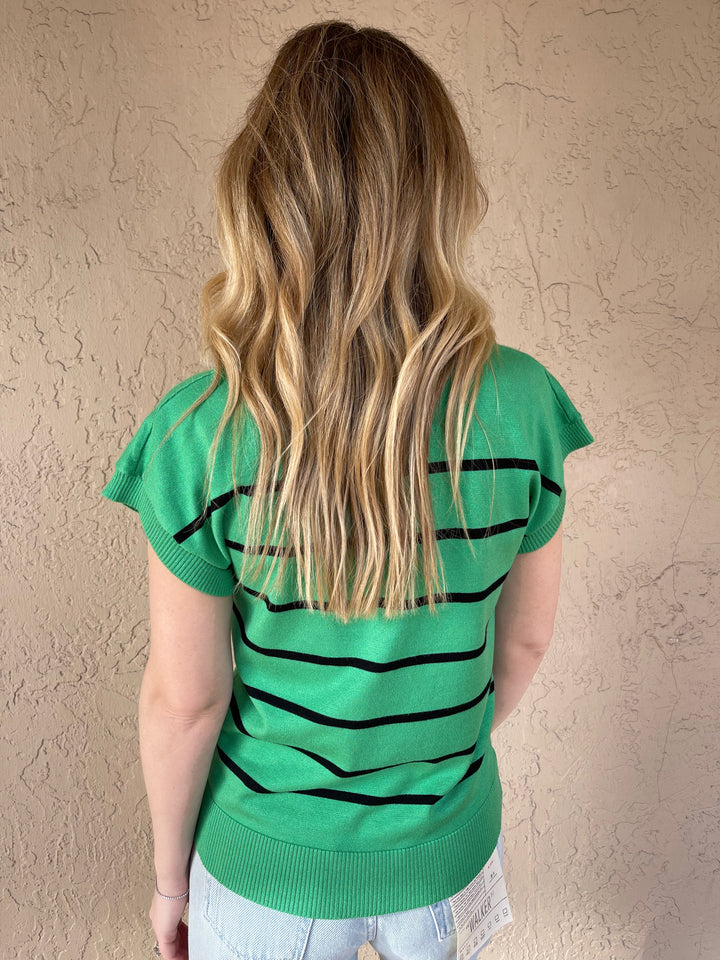 Stripe V Neck Short Sleeve - Green/Black